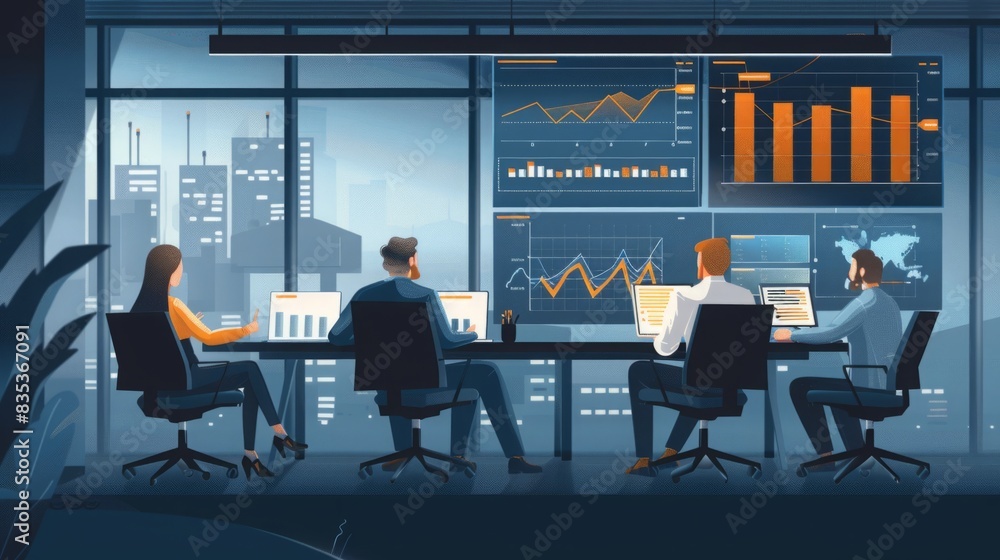 Poster a group of individuals sitting together at a table positioned in front of a window, engaging in conv