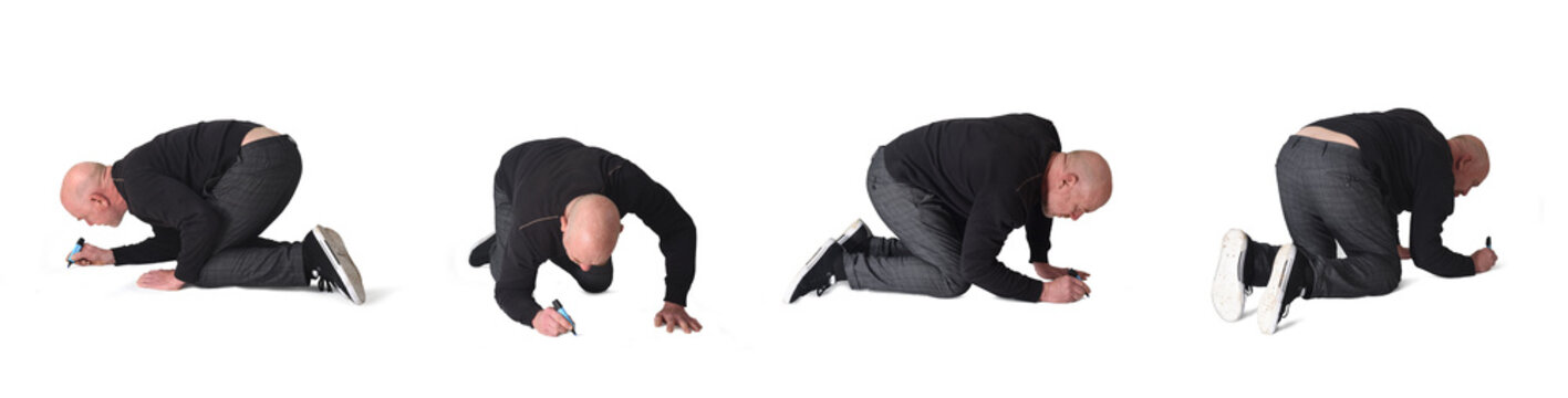 various poses of same man drawing or writing on the floor with a marker on white background.