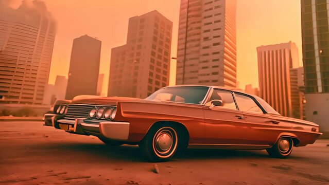 Expesive retro car in 70s style on the urban street with orange sky