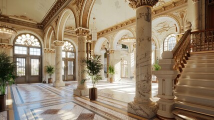 Fototapeta premium A large room with a prominent staircase and numerous windows, creating a bright and airy atmosphere.