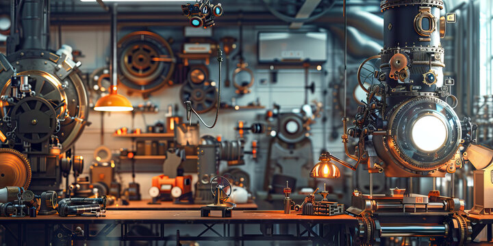 Modern Steampunk Workshop: A workshop that combines steampunk aesthetics with modern tools and technology, such as steam-powered 3D printers and clockwork robots