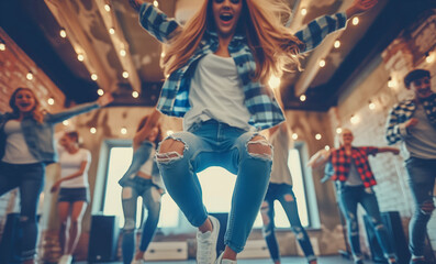 Group of friends participating in a fun and energetic dance class, expressing themselves through movement and enjoying the benefits of cardiovascular exercise