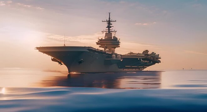 A panoramic view of a standard military aircraft carrier on the open sea. Concept Military Aircraft Carrier, Panoramic View, Open Sea, Naval Operations, Maritime Defense
