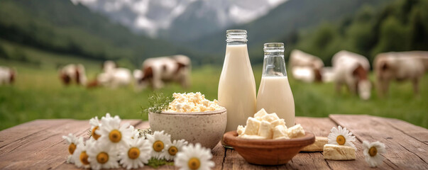 Dairy products. Bottles of milk, cheese, cottage cheese, yogurt, butter on a wooden table against the backdrop of mountains and forest. Variety of dairy products.Farm dairy products concept