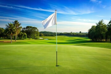 Obraz premium empty golf course with blank white flag