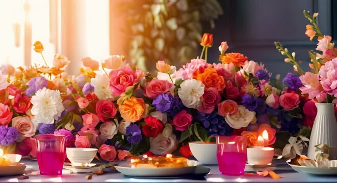 Elegantly adorned brunch table with flowers sets a stylish ambiance for gatherings. Concept Brunch Table Setting, Floral Decor, Stylish Ambiance, Social Gatherings, Elegant Design