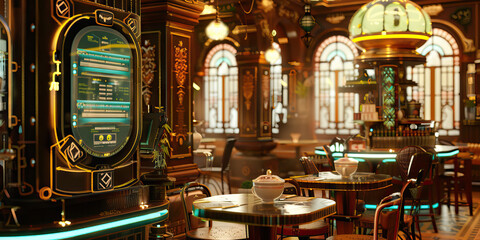 Fototapeta premium Neo-Victorian Tea House: A tea house with a Victorian-era aesthetic but equipped with modern technology such as holographic menus and robotic servers.