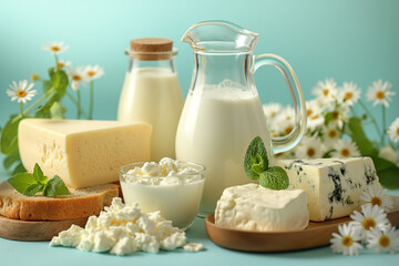 Dairy products. Bottles of milk, cheese, cottage cheese, yogurt, butter on a textured wooden table. Variety of dairy products.Farm dairy products concept. Place for text. Copy space. Kaltsy. 
