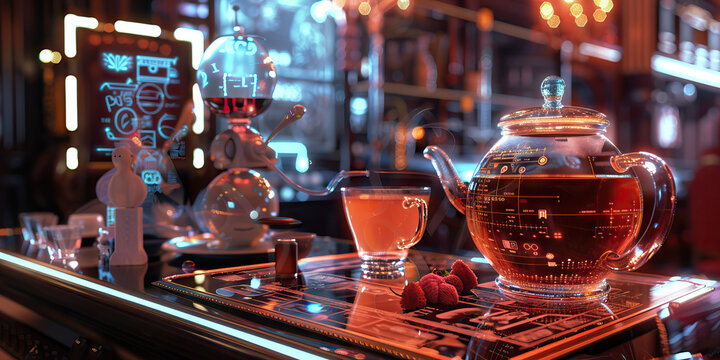 Neo-Victorian Tea House: A tea house with a Victorian-era aesthetic but equipped with modern technology such as holographic menus and robotic servers.