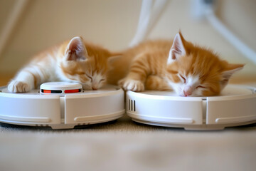Kittens sitting on robotic vacuum cleaner. White vacuum cleaner is working on the floor with calm pet sleeping on it. Clean floor.
