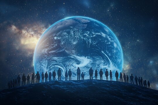 Silhouettes of People Standing on a Hilltop with a Glowing Earth in the Night Sky - Perfect for Themes of Global Unity, Peace, and Cosmic Connection