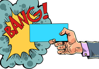 Pop Art Retro A man's hand holds a blank ticket and shoots from it. Comic book style for advertising design. Breaking Black Friday for customers.