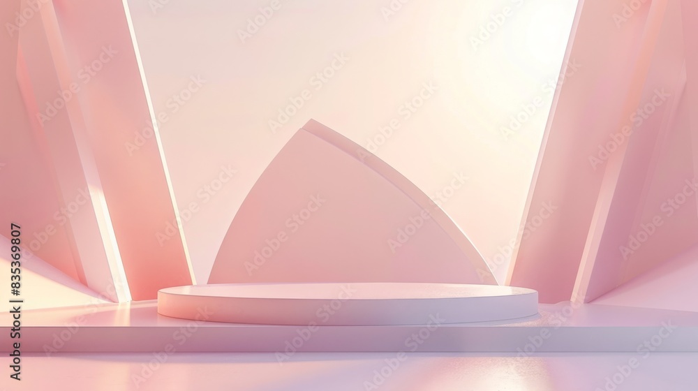 Leinwandbilder a minimalistic display pedestal is set against a soft pink geometric backdrop with gentle lighting, 