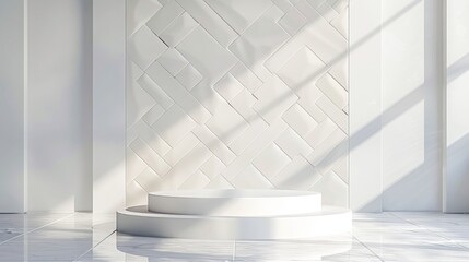 The scene shows elegant, tiered white podiums bathed in natural sunlight, casting geometric shadows on a patterned white wall in a minimalist interior.