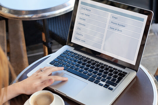 woman filling form online, web form to register, questionnaire