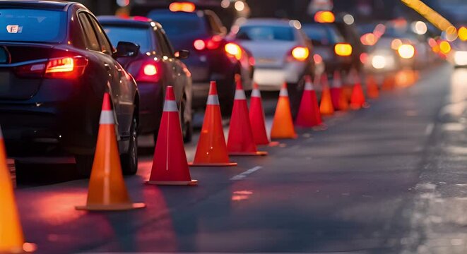 Orange cones redirect traffic in busy lane due to maintenance signs. Concept Traffic Control, Maintenance Work, Road Construction, Safety Precautions