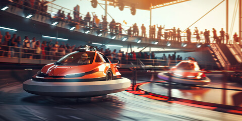 Hovercar Racing Track: A racing track for hovercars, with spectators watching from elevated platforms as drivers compete in high-speed races