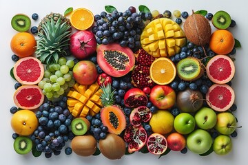 A vibrant and colorful display of exotic fruits, including watermelon, papaya, mango, and grapes.