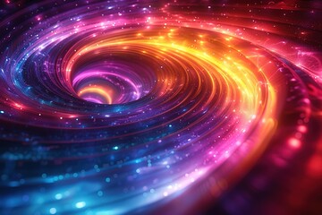 Obraz premium Abstract background with colorful glowing lines in the shape of a spiral on black,