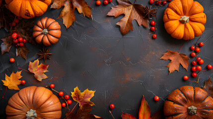 Autumn leaves, pumpkins and berries on dark background with empty space in the center for text or design, top view