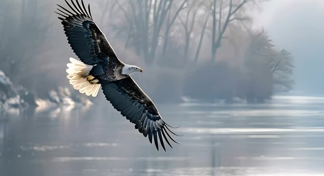 Whitetailed eagle also called Eurasian sea eagle flying over River Oder in Poland. Concept Nature Photography, Bird Watching, Animal Behavior, Oder River, Wildlife Conservation