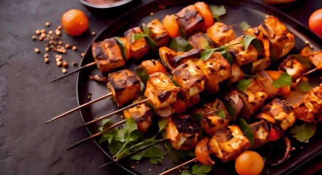 Capturing Depth of Field: Food Photography of Indian Paneer Tikka with Copy Space. Concept Indian Cuisine, Food Photography, Depth of Field, Paneer Tikka, Copy Space