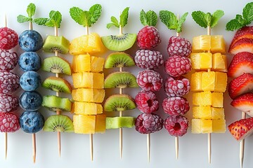 Fruit skewers of fruit on sticks arranged in rainbow colors, displayed on white plates against a clean background.