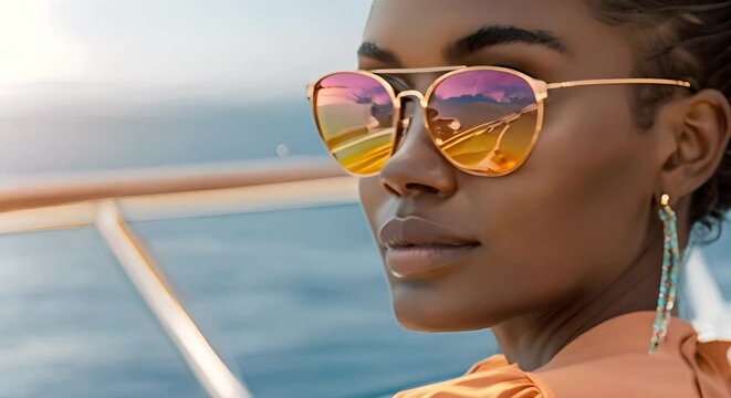 Elegant Black Woman in High Fashion on a Luxury Yacht in Close-Up. Concept Fashion Photography, Luxury Yacht, Elegant Portraits, High Fashion, Close-Up Shots