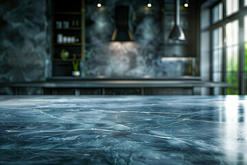 Modern empty dark marble table top or kitchen island on blurry bokeh kitchen room interior background. for montage product display