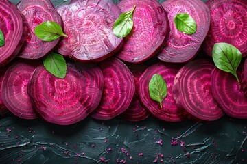 Sliced red beets with a striped pink pattern on a seamless background.