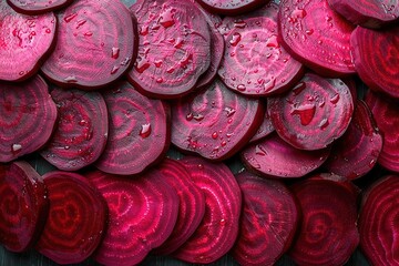 Sliced red beets with a striped pink pattern on a seamless background.