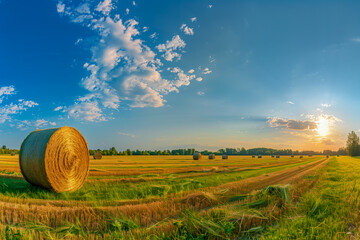Panoramic natural landscape with green grass, golden field of harvested wheat with bales and blue sky with clouds. Colorful summer panorama of combination of yellow and green fields