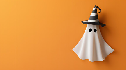 Ghost wearing a party hat floating in the air on an orange background, in a minimalistic style. Copy space area for text