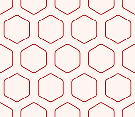 Obraz premium Minimal geometric background. Crimson color on matching background. Rounded hexagons mosaic cells with padding. Large hexagons. Seamless pattern. Tileable vector illustration.