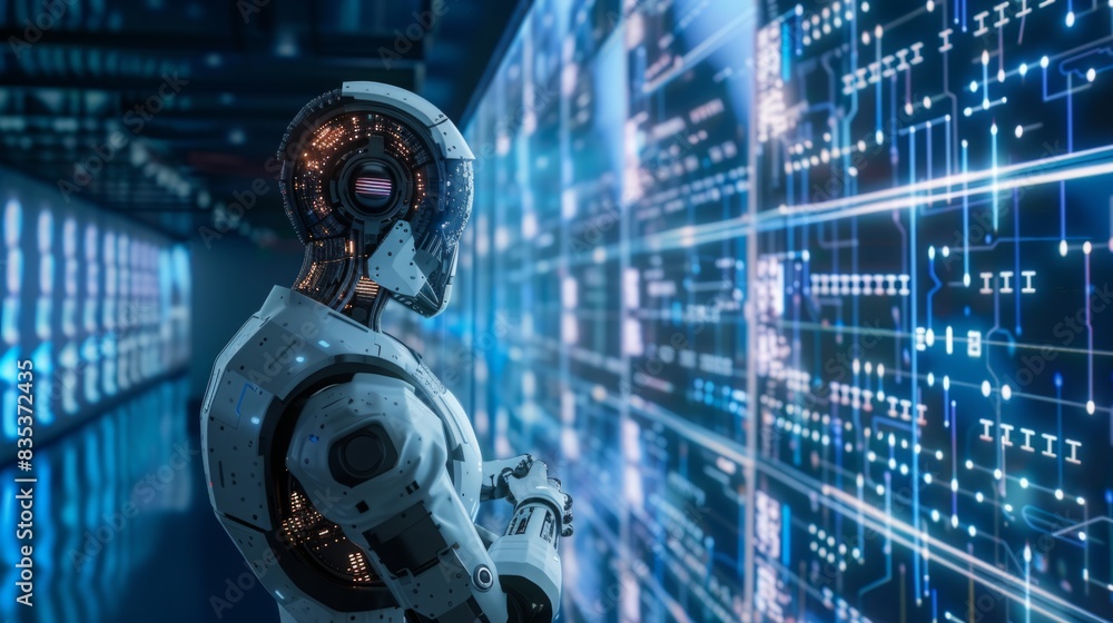 Poster a robot is positioned in front of a massive wall covered in data charts and graphs, analyzing the in