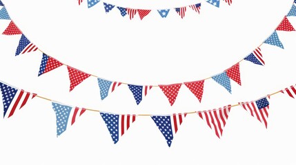 Obraz premium Bright and colorful American flag bunting in a flat design, symbolizing national pride and freedom, on a stark white background