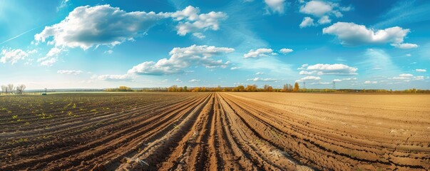 Obraz premium Expansive plowed field with rich soil textures leading towards a horizon under a blue sky with fluffy clouds, symbolic of farming and cultivation.