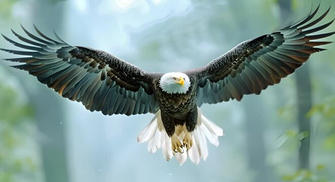 American bald eagle soaring with outstretched wings and intense gaze over forest. Concept Wildlife Photography, American Bald Eagle, Soaring, Nature, Intense Gaze