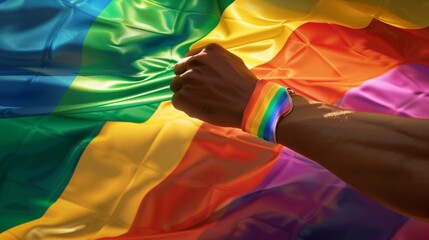 Waving rainbow pride flag, gripped by a hand in a sweatband, conveying a message of acceptance and visibility (close up, acceptance theme, photorealistic, Composite, community gathering backdrop)