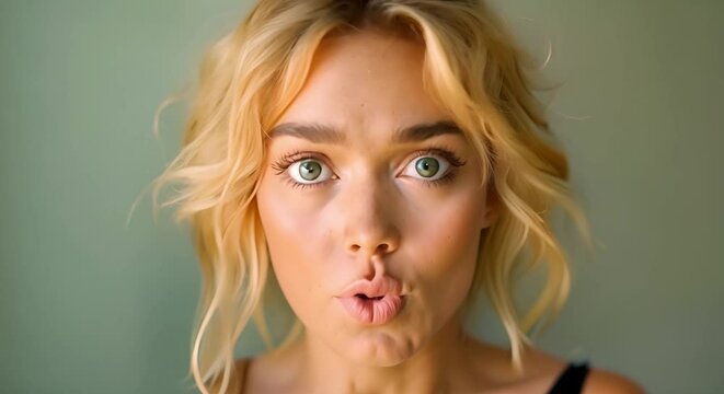 Blonde woman with wide eyes and open mouth expresses astonishment. Concept Surprised Expression, Facial Expressions, Blonde Woman Portrait, Wide-Eyed Astonishment