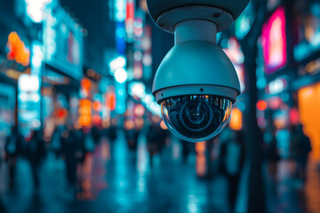 cctv camera.AI CCTV camera with facial recognition. Crowds of people walking along busy city streets. Data analysis.