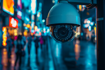 cctv camera.AI CCTV camera with facial recognition. Crowds of people walking along busy city streets. Data analysis.
