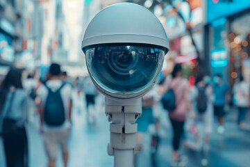 cctv camera.AI CCTV camera with facial recognition. Crowds of people walking along busy city streets. Data analysis.