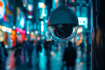 cctv camera.AI CCTV camera with facial recognition. Crowds of people walking along busy city streets. Data analysis.