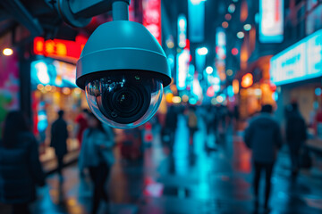 cctv camera.AI CCTV camera with facial recognition. Crowds of people walking along busy city streets. Data analysis.