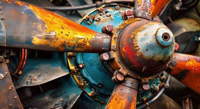 Closeup of rusty propeller on vintage aircraft engine showcasing aged aviation gear. Concept Aircraft Restoration, Vintage Aviation, Rusty Propeller, Antique Engine, Aged Gear
