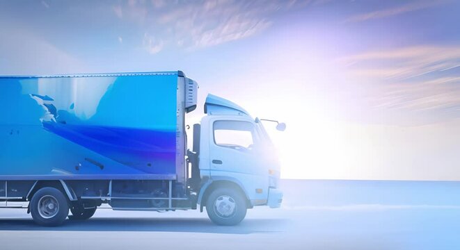 Side view of delivery truck with advertisement on white background. Concept Delivery Truck, Side View, Advertisement, White Background