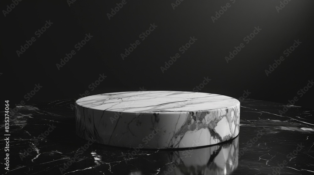 Poster a circular marble pedestal is displayed on a black marble table with subdued lighting, creating a st