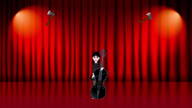 Cartoon. Character Wednesday plays the cello. Two flying axes. Red background. 