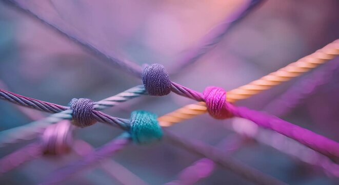 Visually Connected Diverse Ropes Represent Strong Unified Partnership and Collaboration. Concept Teamwork, Diversity, Unity, Connection, Collaboration